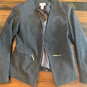 Carmen Marc Valvo Charcoal Gray Open-Front Blazer with Gold Zippers